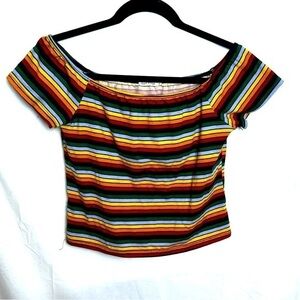 Heart & Hips Rainbow Striped Short Sleeve Cropped Top Size L